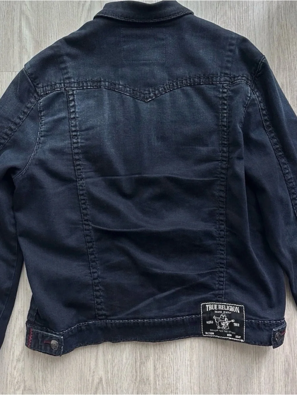 True Religion Dark Blue Denim Jacket with Pink Stitch Accents